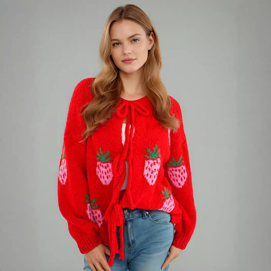 Damen kuscheliger Pullover mit fruchtigem Erdbeer-Motiv Fudus