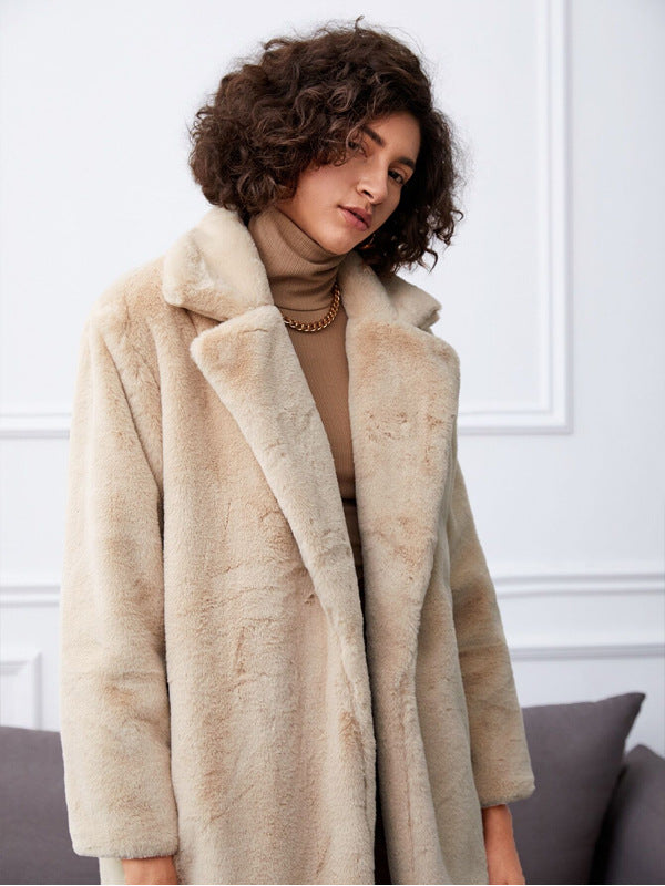 Damen Langer Kunstpelzmantel mit elegantem Reverskragen und praktischen Taschen Fudus