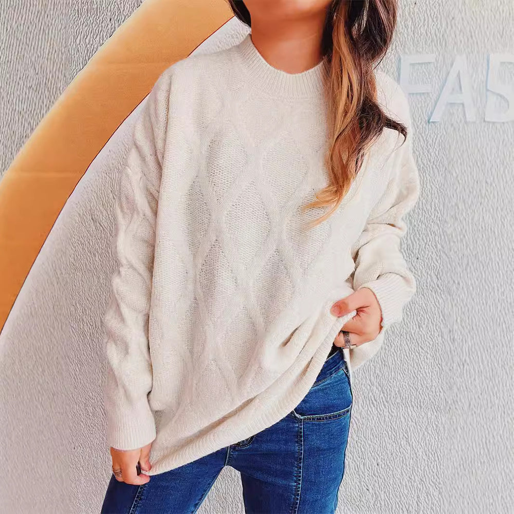 Damen Grobstrickpullover mit elegantem Rautenmuster und voluminösen Ärmeln Fudus