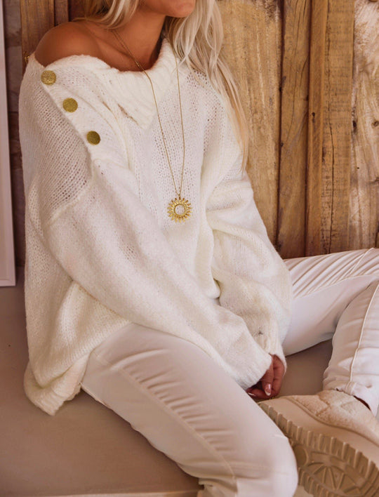 Damen Grobstrickpullover mit hohem Kragen und modischen Knopfdetails Fudus