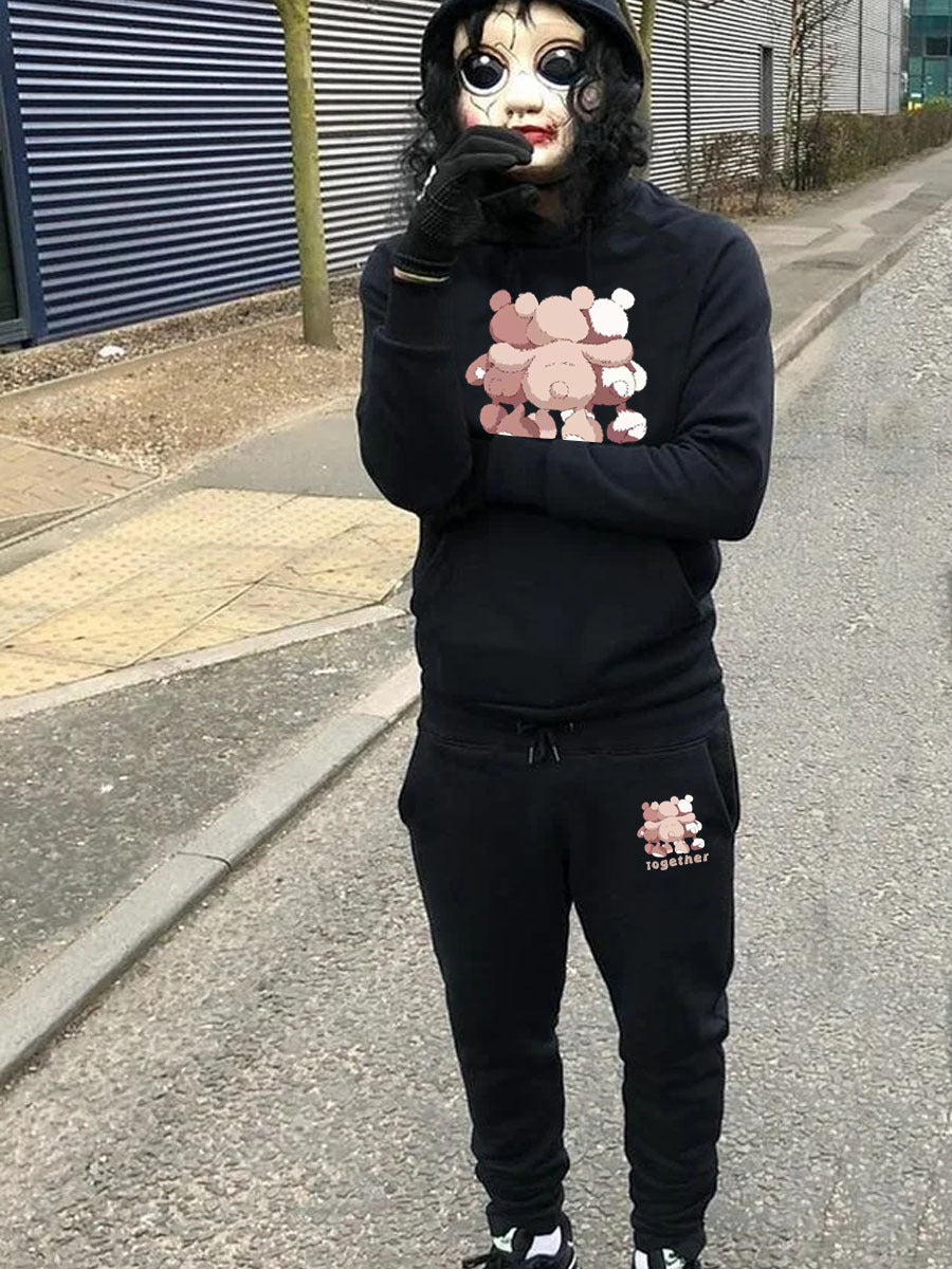 Damen Hoodie- und Jogginghose-Set mit kreativem Bärenmotiv und Kängurutaschen Fudus