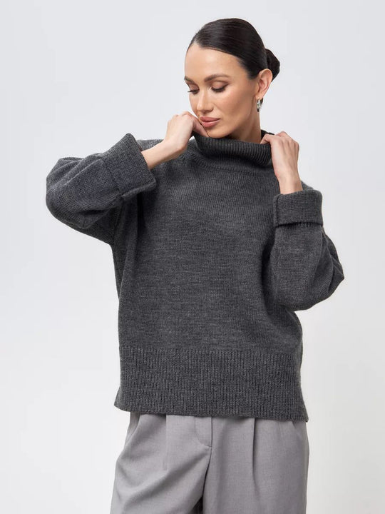 Damen Grobstrickpullover mit hohem Kragen und modernen Ärmeln Fudus