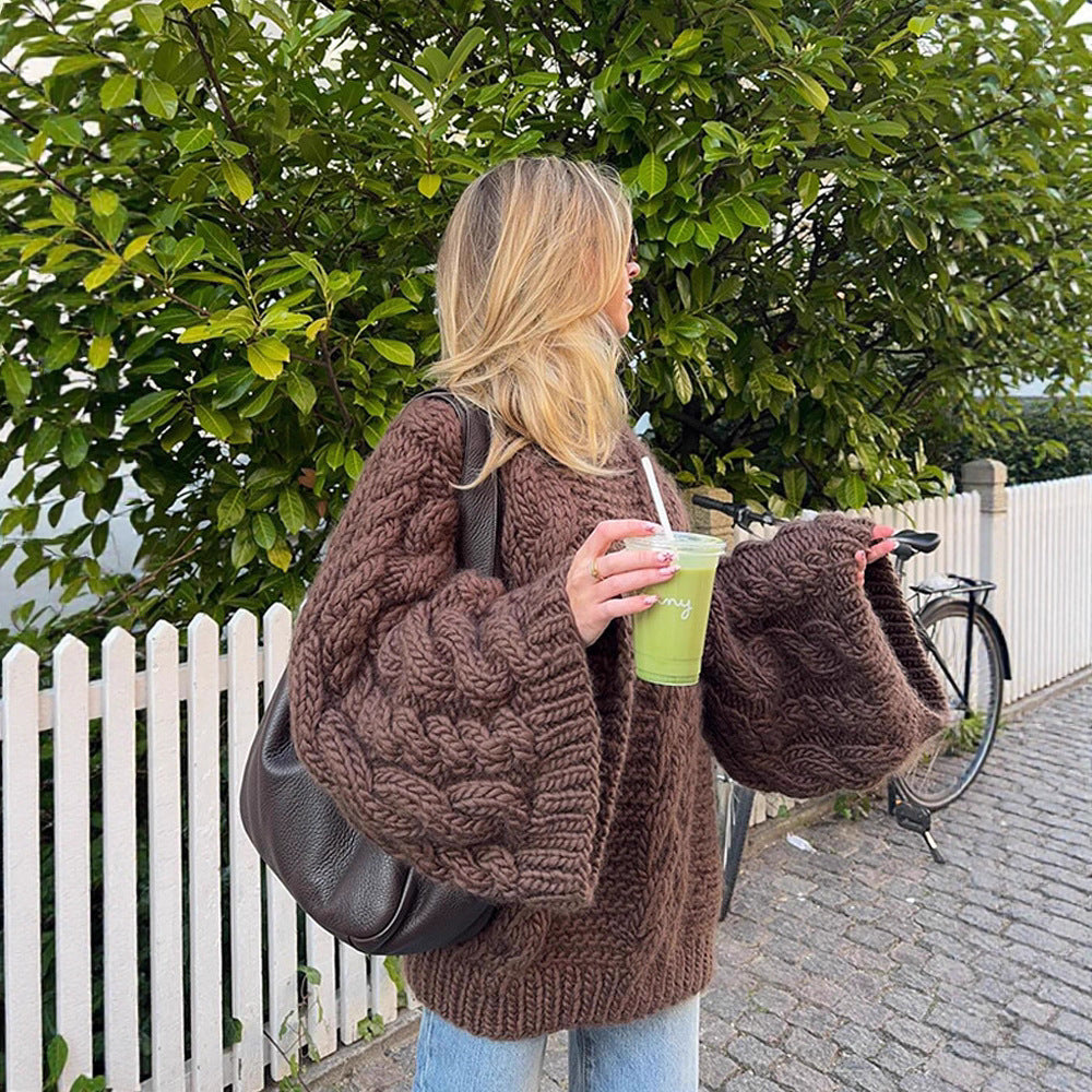 Damen Grobstrickpullover mit weiten Ärmeln Fudus