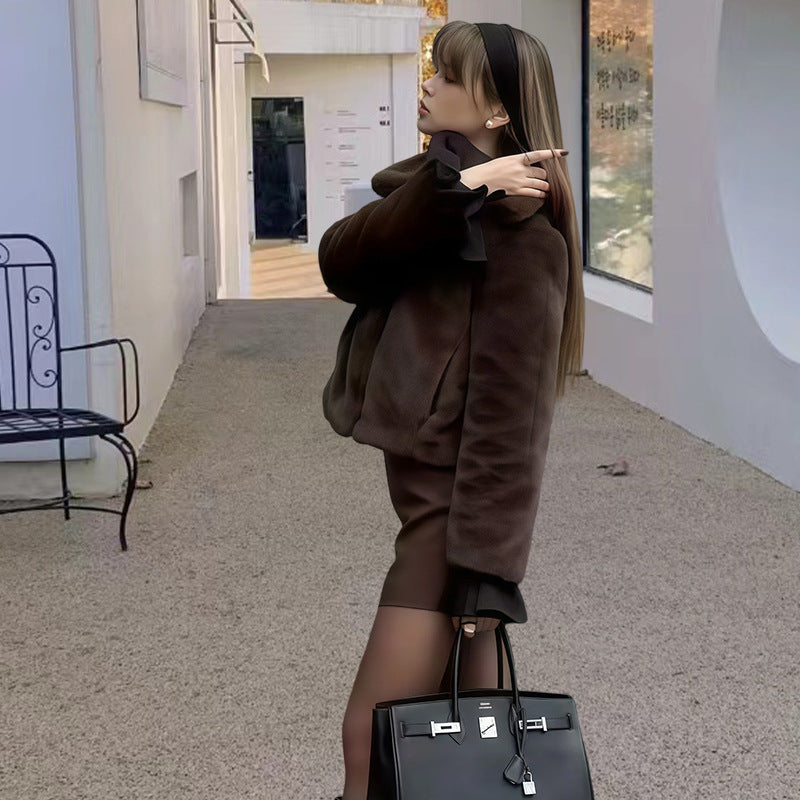 Damen Kunstfelljacke mit elegantem Stehkragen Fudus