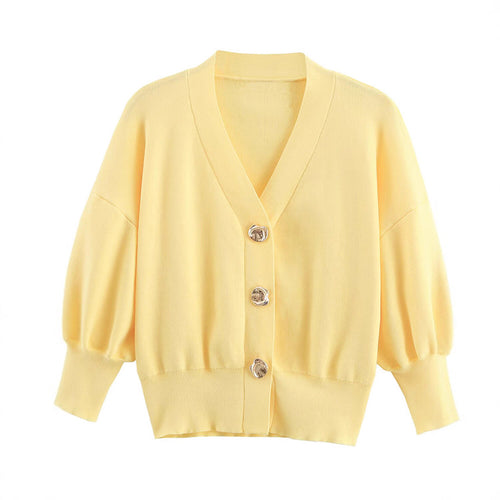 Damen lässige Strickjacke mit ballonförmigen Ärmeln und dekorativen Knopfdetails Fudus