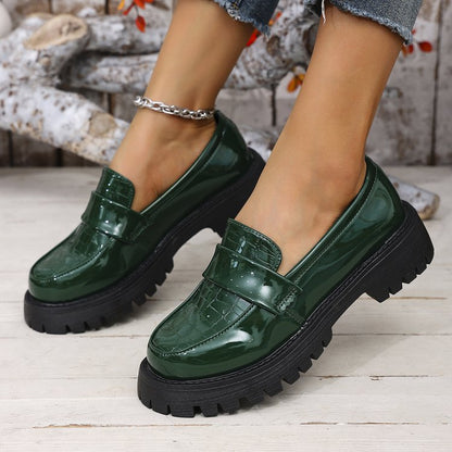 Damen Chunky Loafers Glänzender Lacklook Profilsohle