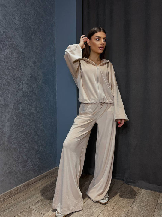 Damen kuscheliges Velours-Loungewear-Set mit weitem Schnitt Fudus