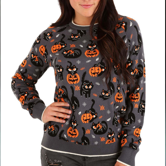Damen Halloween-Pullover mit Katzen- und Kürbismotiven Fudus