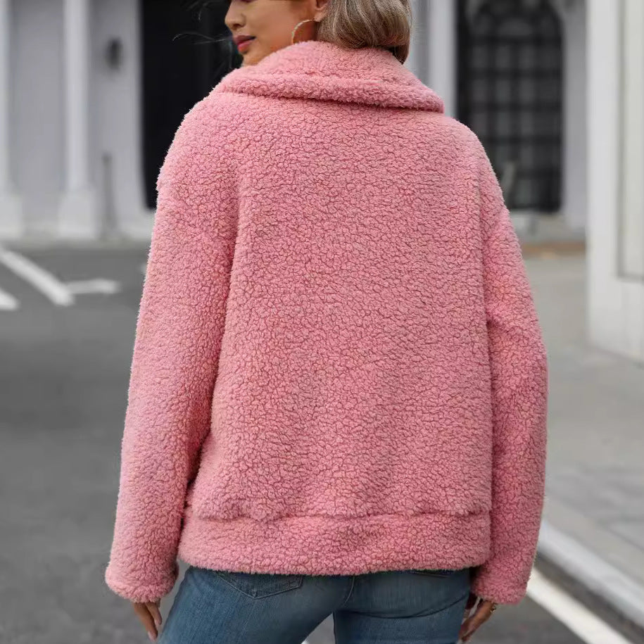 Damen Kuscheljacke mit großen Vordertaschen und Reißverschluss Fudus