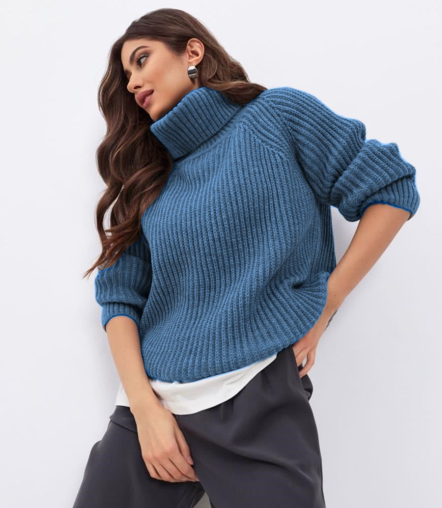 Damen Grobstrickpullover mit hohem Kragen und lockerer Passform Fudus