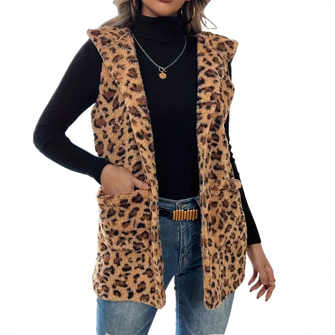 Damen kuschelige Weste mit Kapuze und Leopardenmuster Fudus