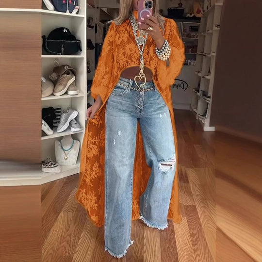 Damen Langer Kaftan mit Spitze und weit geschnittenen Ärmeln Fudus