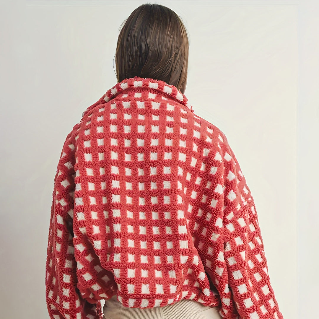 Damen kuschelige Oversized Fleecejacke mit Karomuster und hohem Kragen Fudus