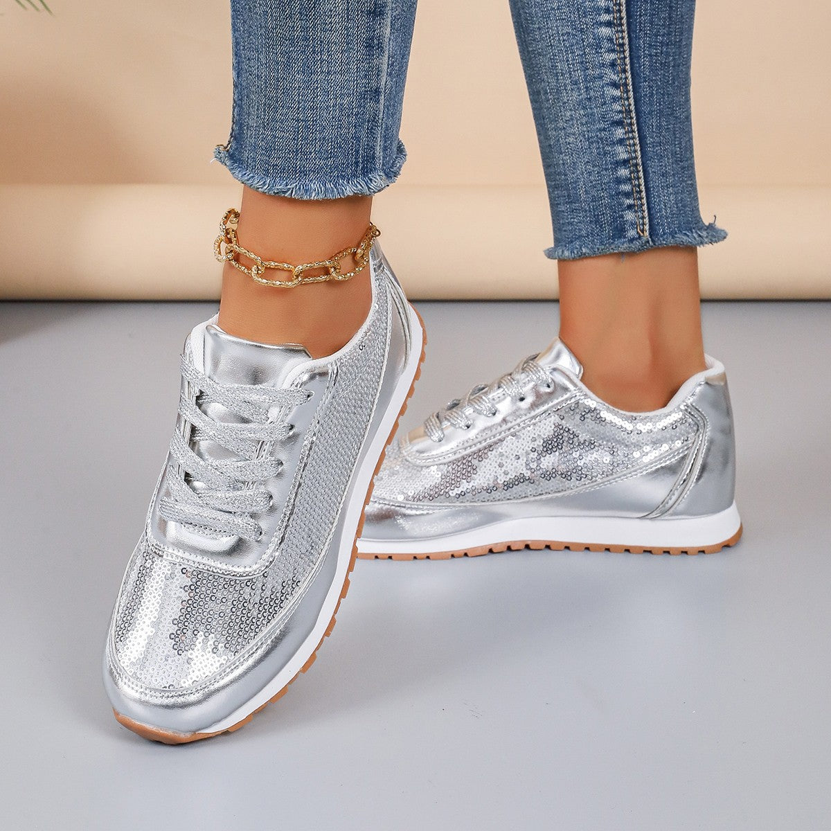 Damen Sneaker Mit Funkelnden Pailletten Und Bequemer Sohle