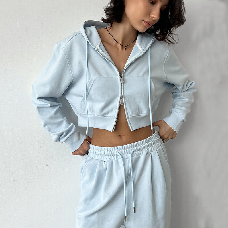 Damen modischer Cropped Hoodie und weit geschnittene Jogginghose Set Fudus