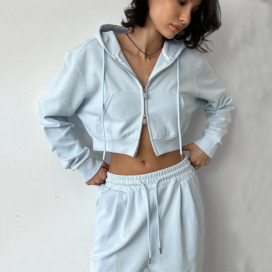Damen modischer Cropped Hoodie und weit geschnittene Jogginghose Set Fudus
