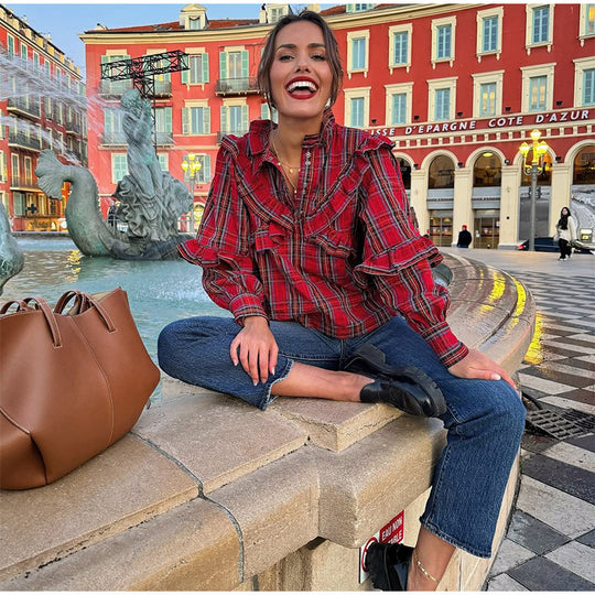 Damen Hemdbluse mit Rüschendetails und Karomuster Fudus