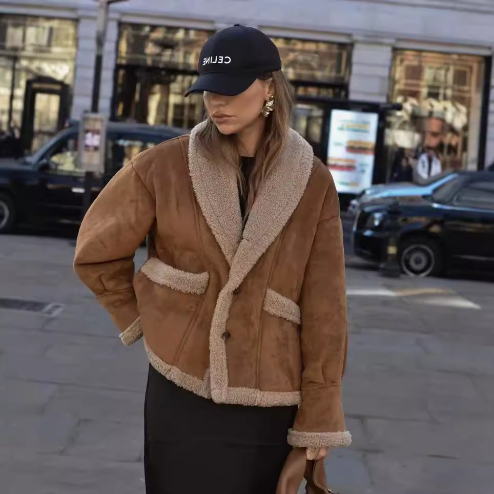 Damen kuschelige Oversized-Jacke mit Teddy-Futter Fudus