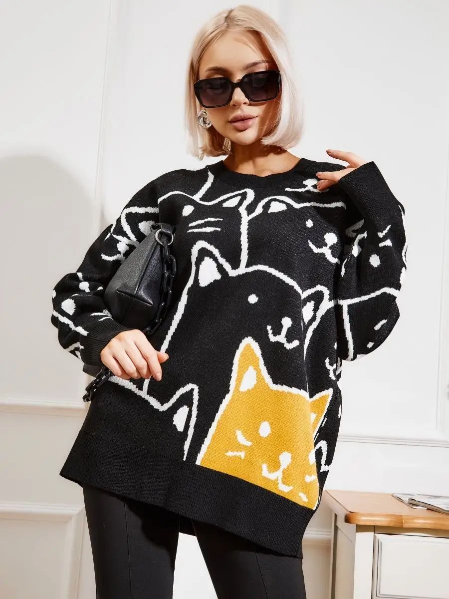 Damen Grobstrickpullover mit verspieltem Katzenmuster Fudus