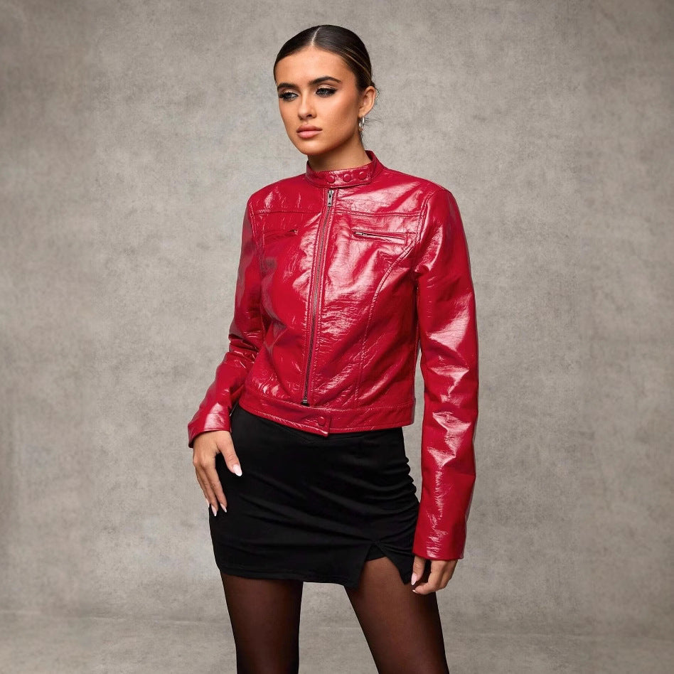 Damen Kurze Kunstlederjacke mit asymmetrischem Schnitt Fudus