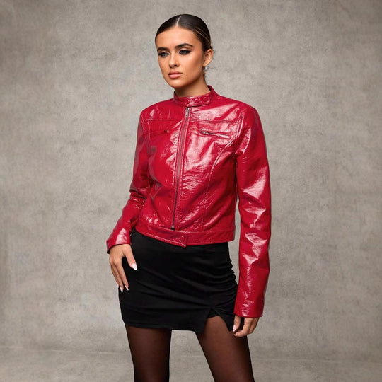 Damen Kurze Kunstlederjacke mit asymmetrischem Schnitt Fudus