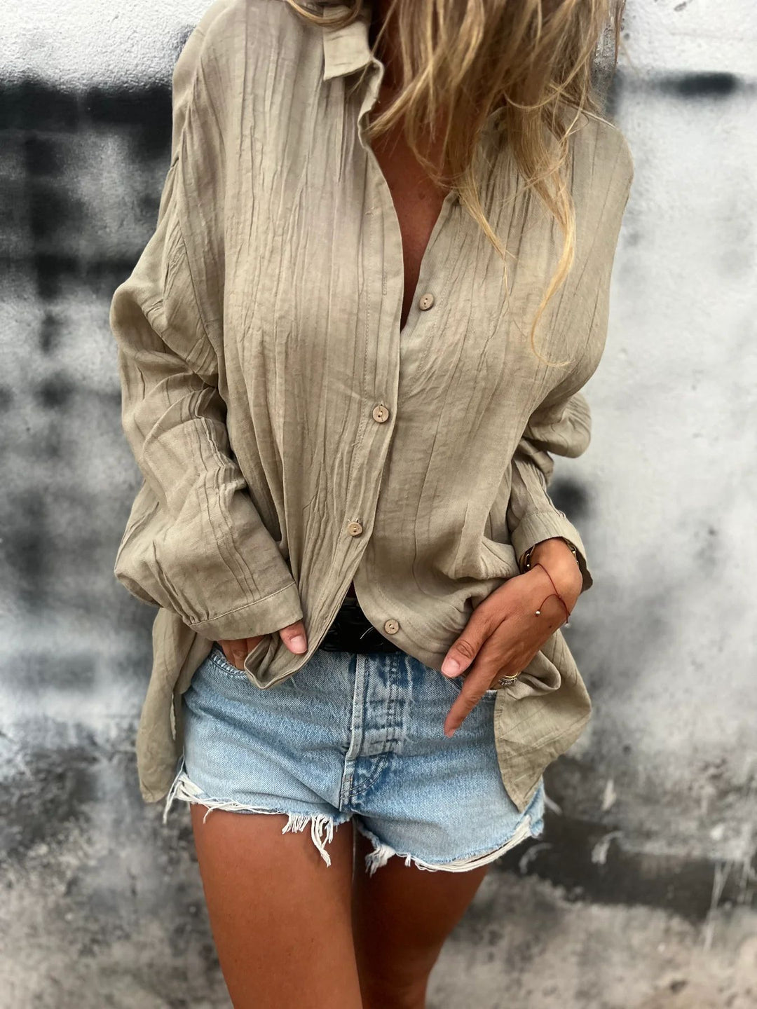 Damen lässige Oversize-Hemdbluse mit Taschen Fudus