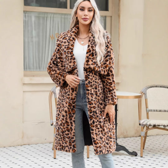 Damen Langärmeliger Leopardenmuster Plüschmantel Fudus