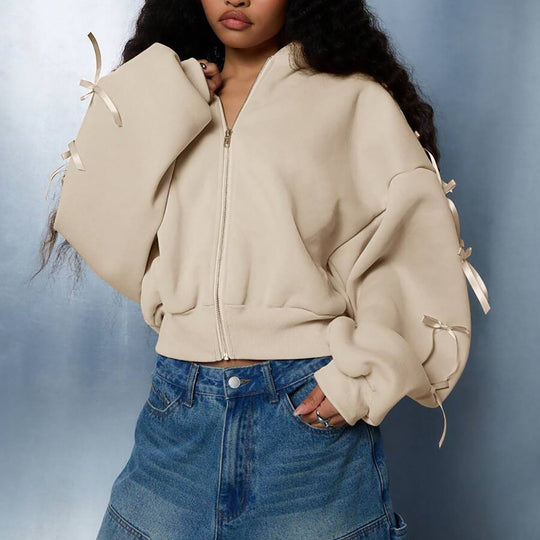 Damen lässige Bomberjacke mit dekorativen Schleifen Fudus