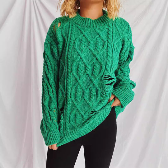 Damen Grobstrickpullover mit einzigartigem Zopfmuster und ausgefransten Details Fudus