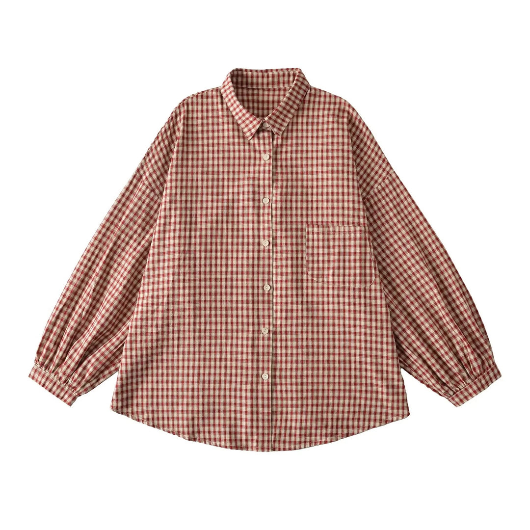 Damen Lässige Karobluse mit überschnittenen Schultern und großen Knöpfen Fudus