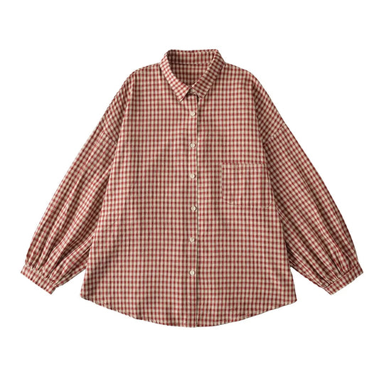 Damen Lässige Karobluse mit überschnittenen Schultern und großen Knöpfen Fudus