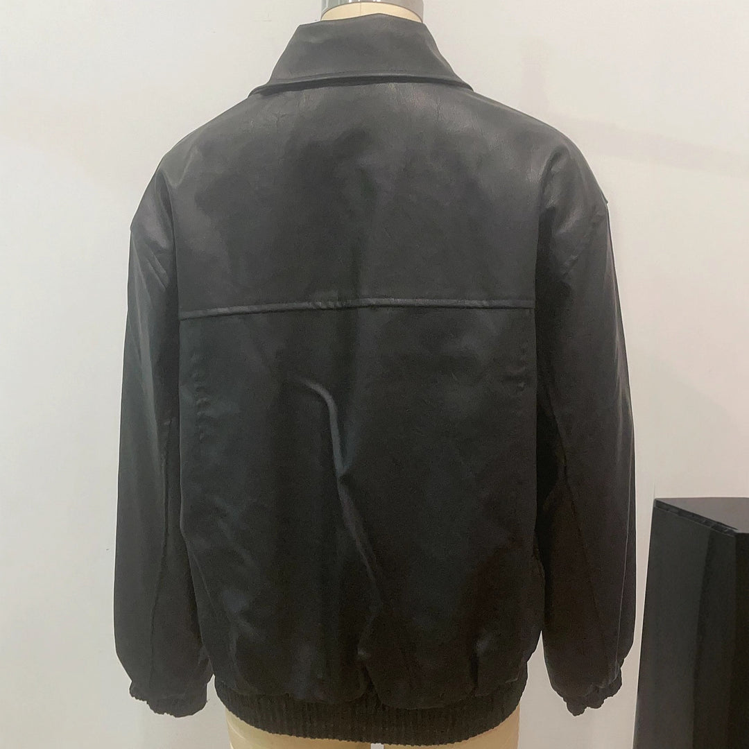 Damen lässige Lederjacke mit elastischem Saum und praktischen Taschen Fudus