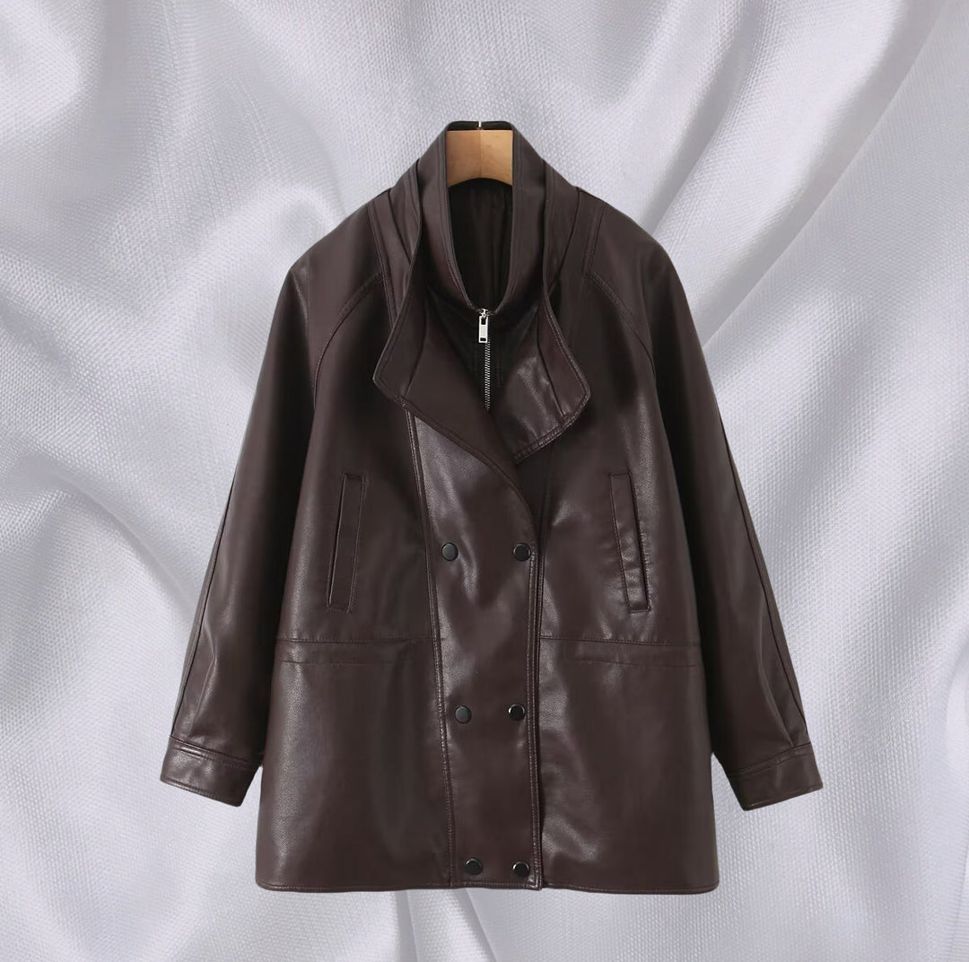 Damen Kunstlederjacke mit breitem Revers und praktischen Taschen Fudus