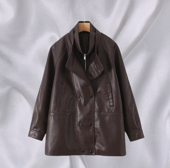 Damen Kunstlederjacke mit breitem Revers und praktischen Taschen Fudus