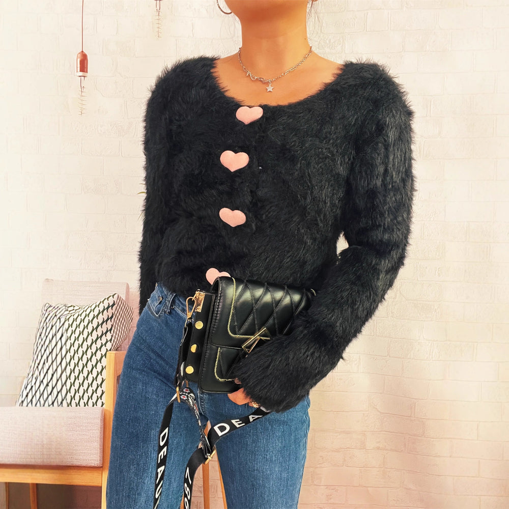 Damen Kuscheliger Strickpullover mit Herzknöpfen Fudus