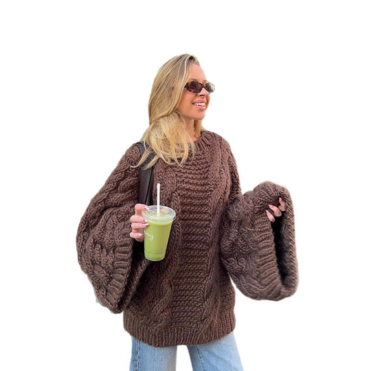 Damen Grobstrickpullover mit weiten Ärmeln Fudus
