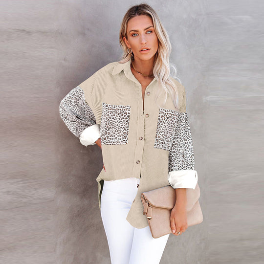 Damen Lässige Hemdbluse mit Tiermotiv und gemusterten Ärmeln Fudus