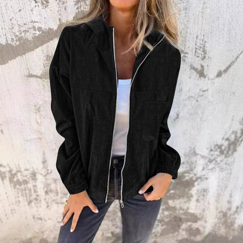 Damen lässige Cordjacke mit praktischem Reißverschluss und Kapuze Fudus