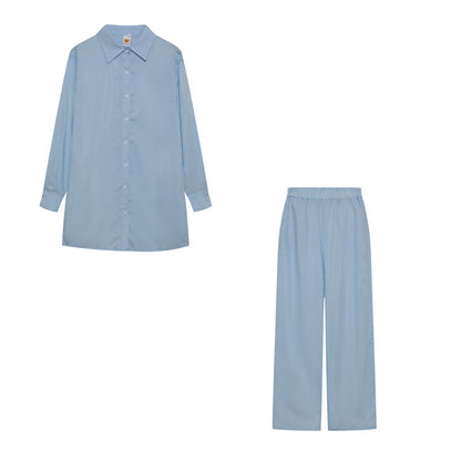 Damen Satin Pyjama Set mit langärmliger Bluse und weiten Hosen Fudus