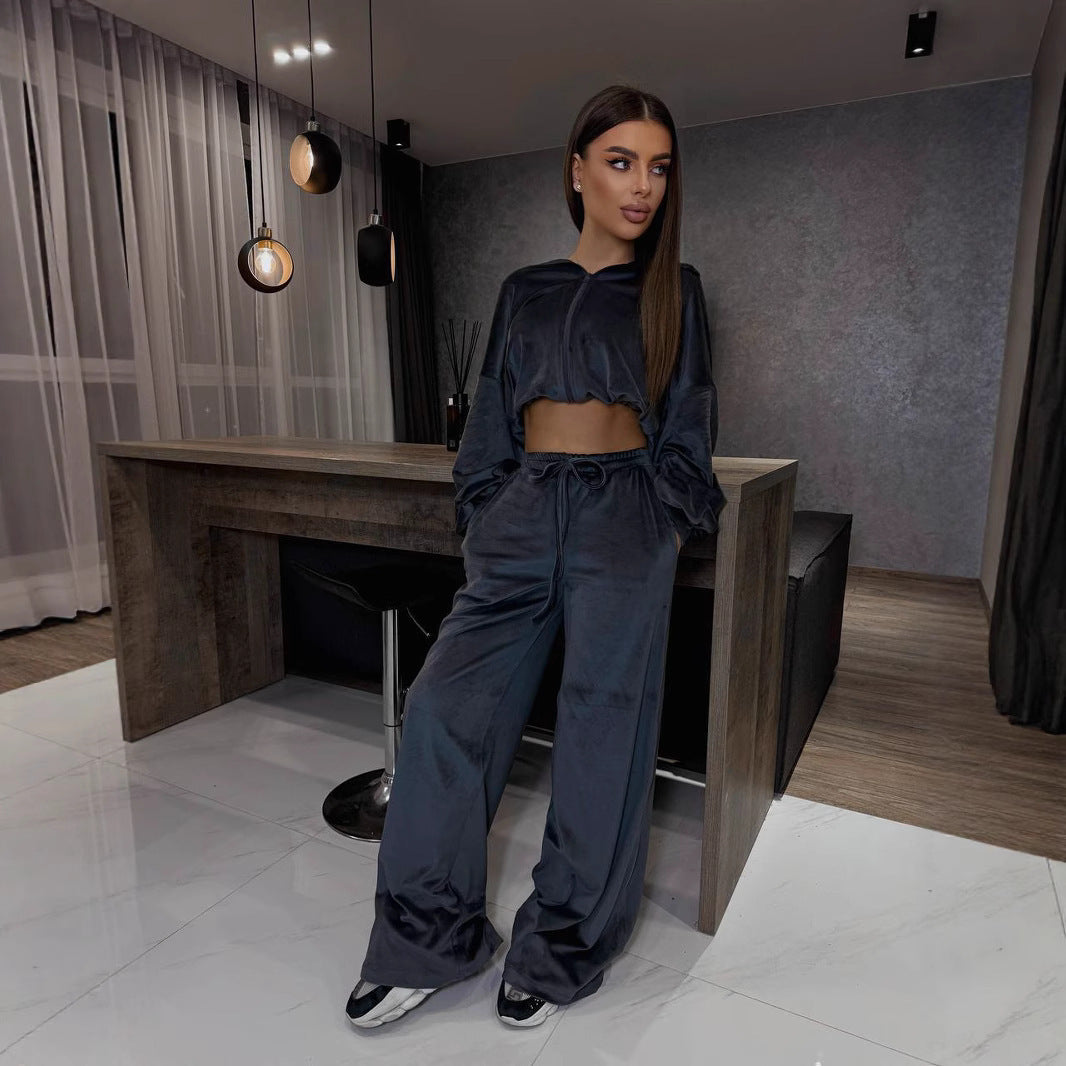 Damen kuscheliges Velours-Loungewear-Set mit weitem Schnitt Fudus