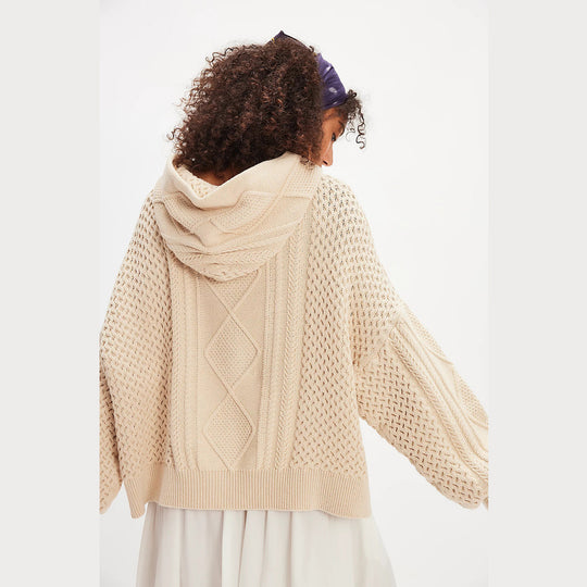 Damen Grobstrick-Hoodie mit stilvollem Zopfmuster Fudus