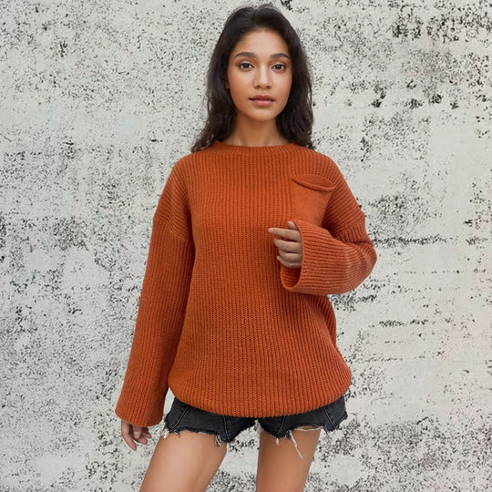Damen Grobstrickpullover mit weitem Schnitt und praktischem Taschen Fudus