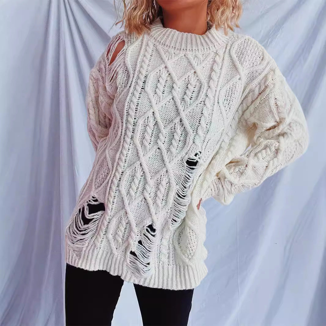 Damen Grobstrickpullover mit einzigartigem Zopfmuster und ausgefransten Details Fudus