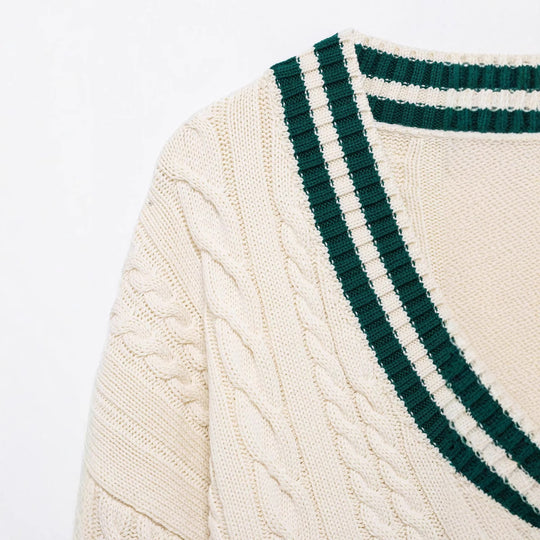 Damen klassischer V-Ausschnitt Strickpullover mit Zopfmuster und kontrastierendem Kragen Fudus