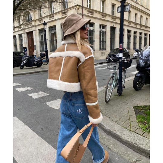 Damen kurze Lederjacke mit kunstpelzbesatz Fudus