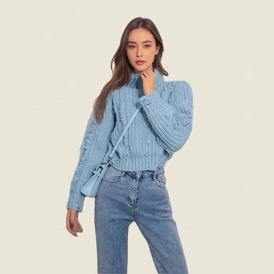 Damen Grobstrickpullover mit hohem Kragen und strukturiertem Design Fudus