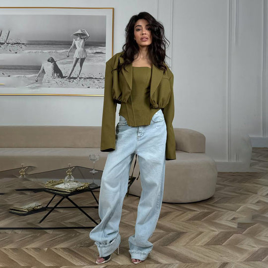 Damen Kurze Blazerjacke mit tailliertem Schnitt und Puffärmeln Fudus