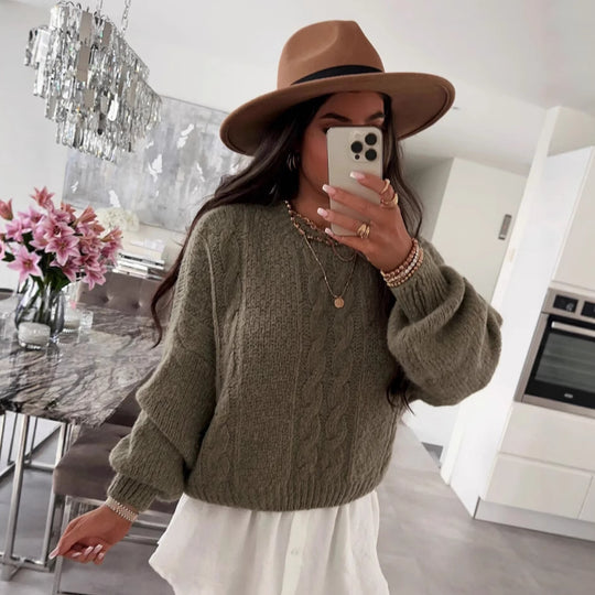 Damen Grobstrickpullover mit voluminösen Ärmeln und romantischem Zopfdesign Fudus