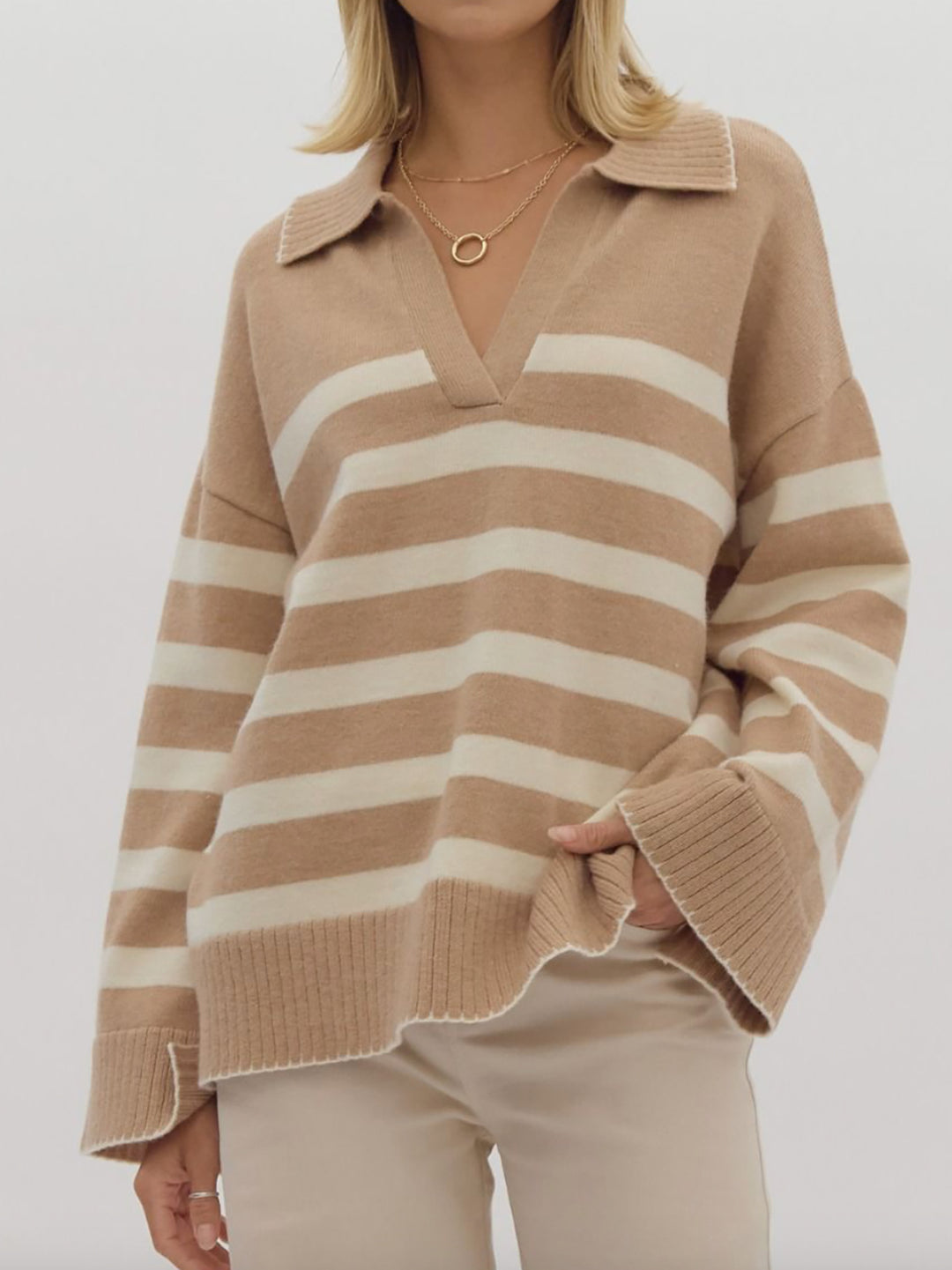 Damen kuschelige Strickpullover mit modernem Streifenmuster und V-Ausschnitt Fudus