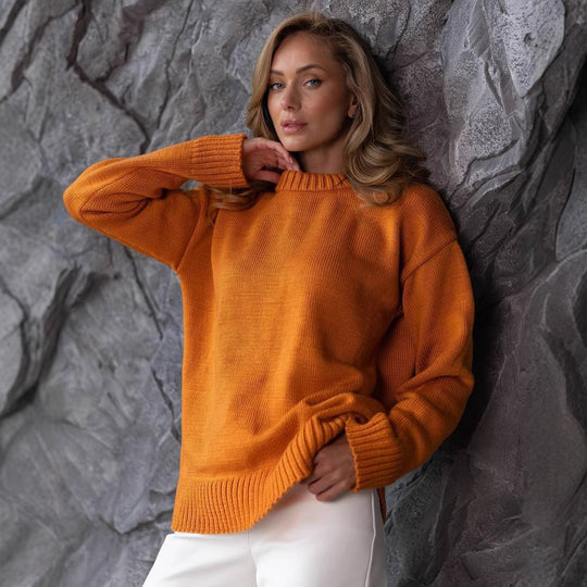 Damen Grobstrickpullover mit weitem Schnitt und Rippbündchen Fudus